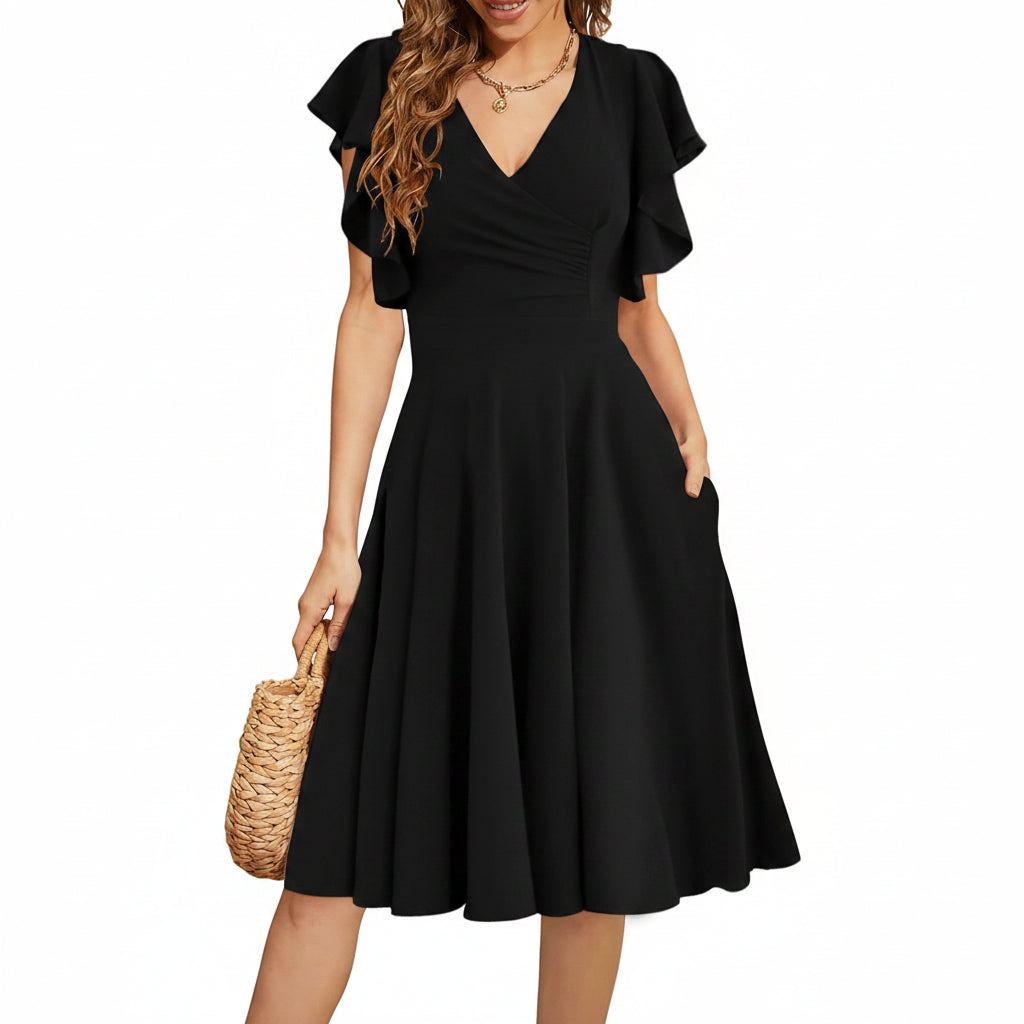 Vestido negro formal midi con escote en V
