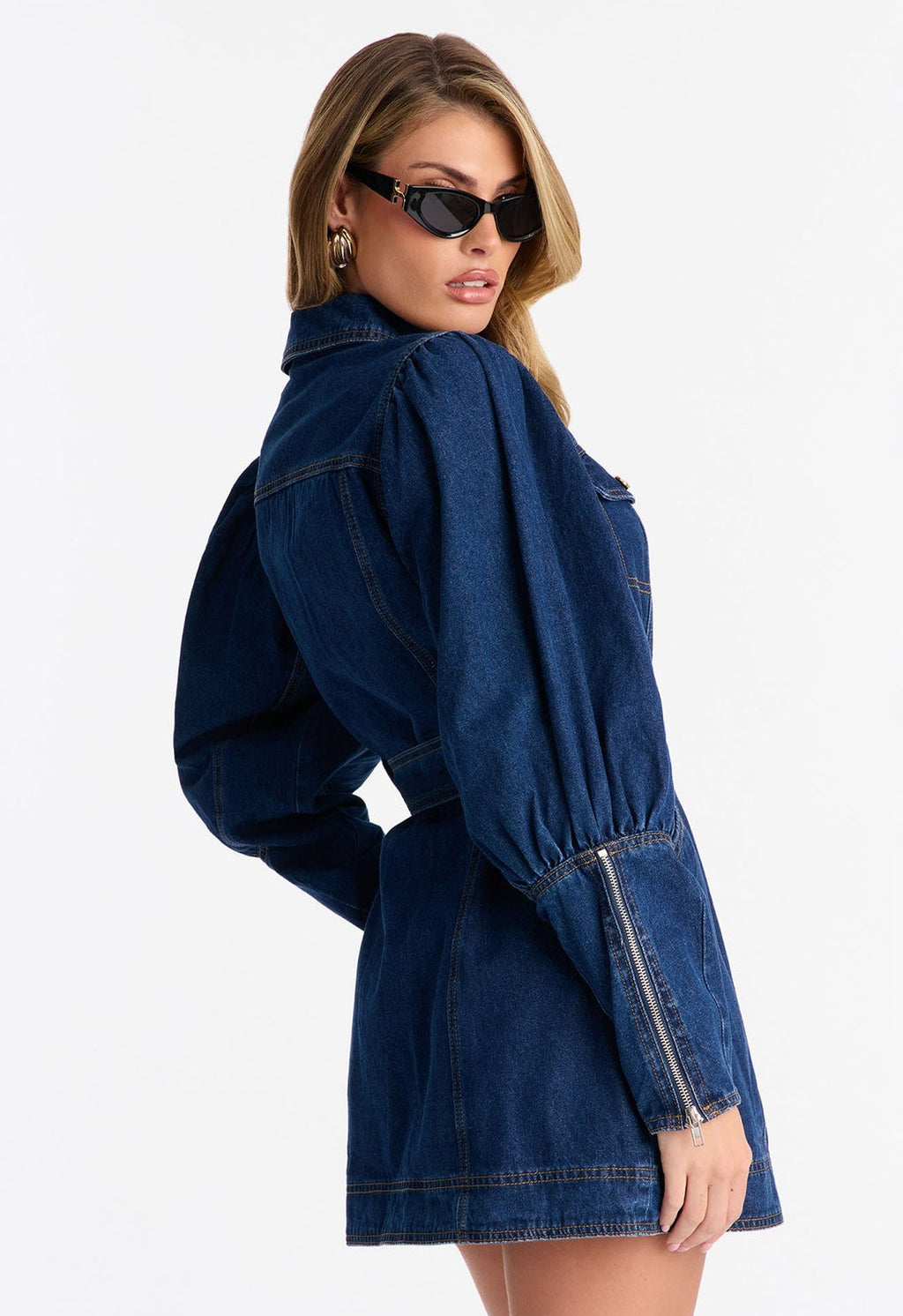 Vestido denim azul oscuro manga larga bombacha