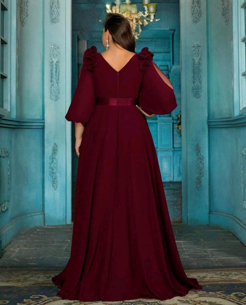 Vestido vino manga larga corte A con escote en V