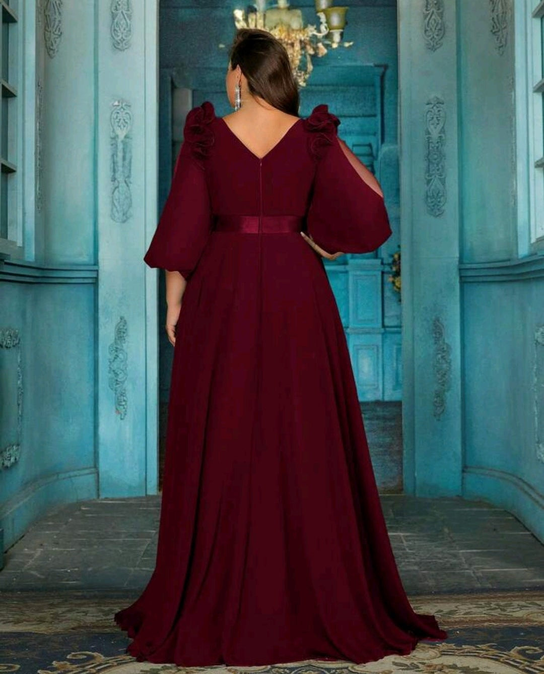 Vestido vino manga larga corte A con escote en V
