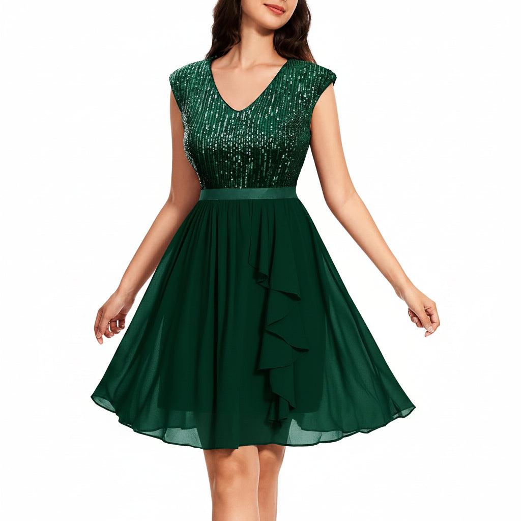Vestido verde esmeralda lentejuelas y falda chiffon