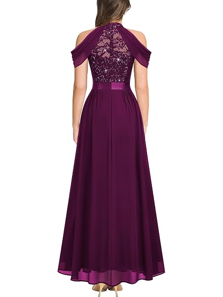 Vestido mangenta oscuro cuello alto encaje y lentejuelas falda chiffon