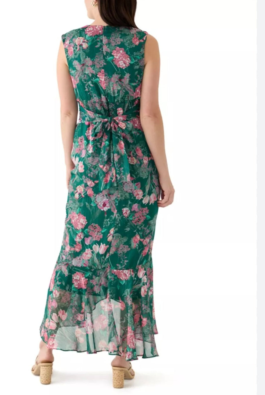 Vestido verde esmeralda floral sin manga