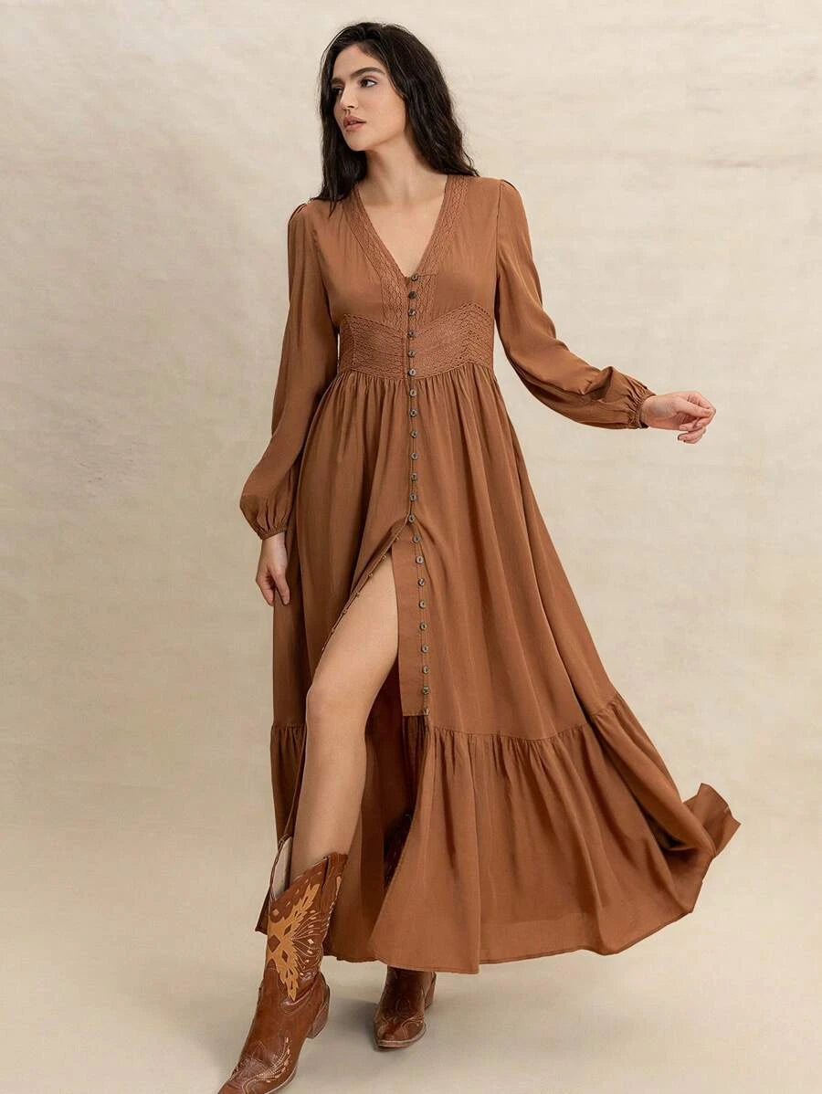 Vestido boho café manga larga con botones