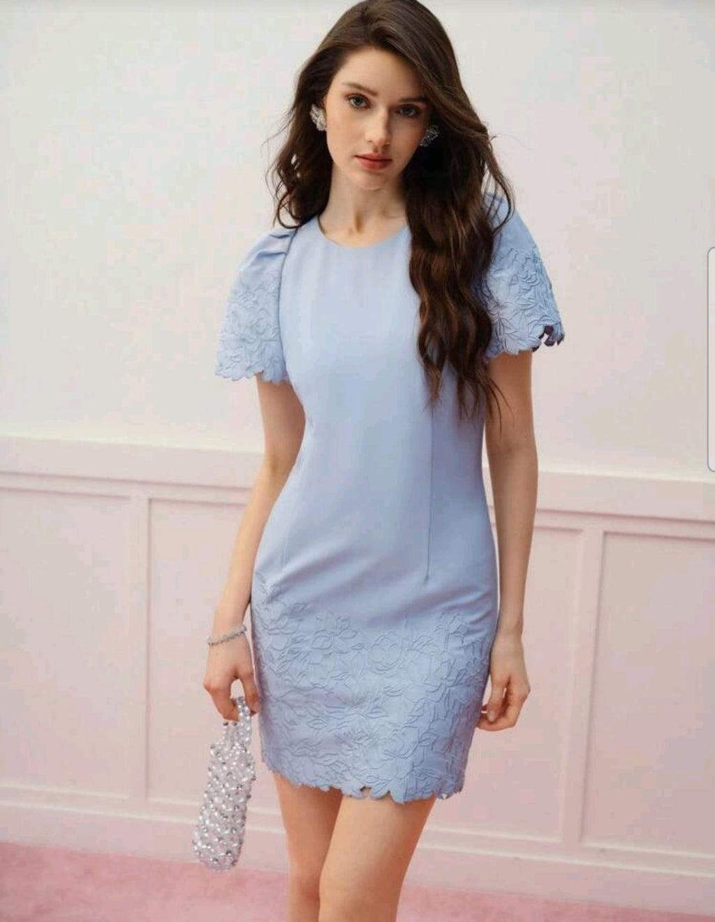 Vestido mini celeste con bordado floral