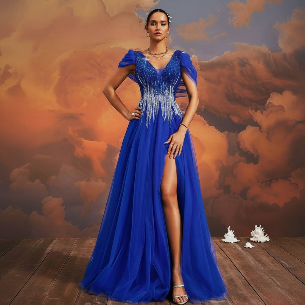 Vestido Amanda azul rey con plateado