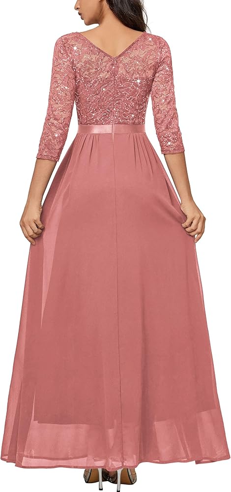 Vestido rosa canela encaje lentejuelas y falda chiffon