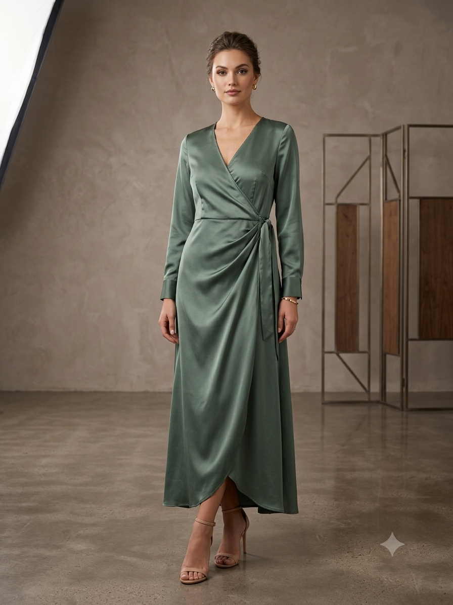 Vestido olivo manga larga midi traslapado