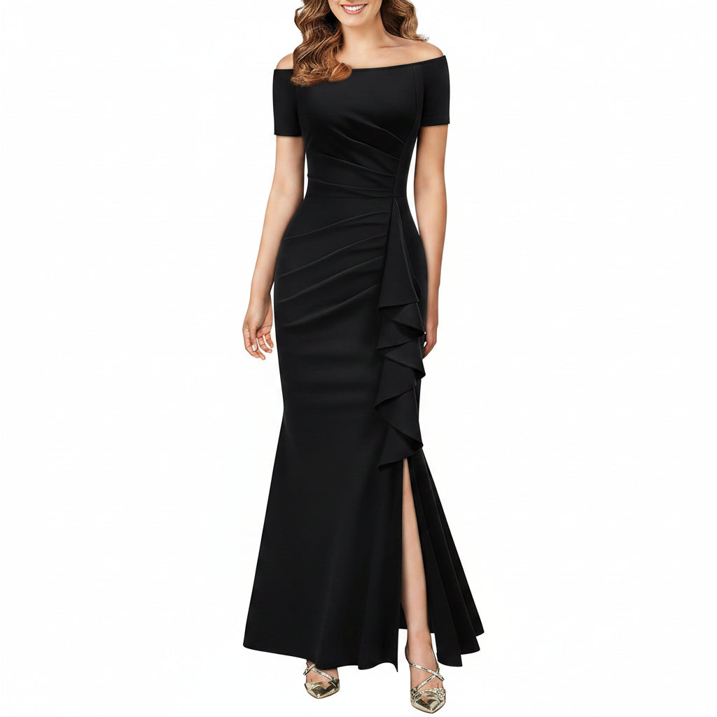 Vestido formal negro off-the-shoulder con abertura lateral