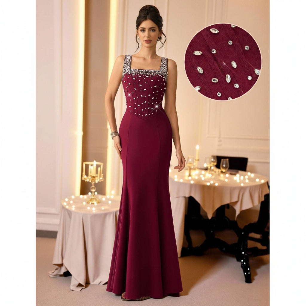 Vestido vino bordado con pedrería corte sirena