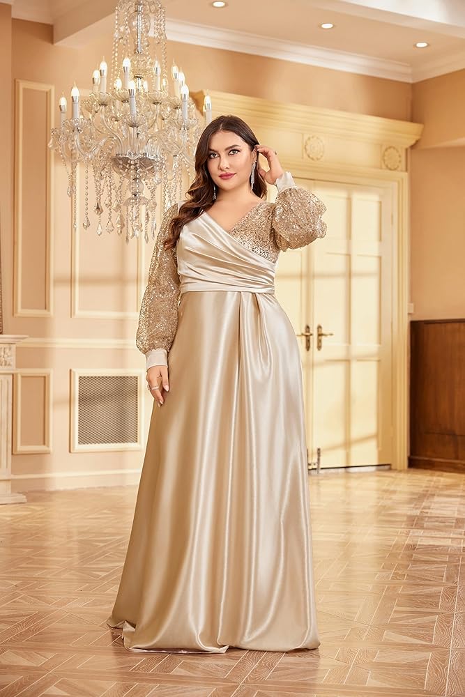 Vestido dorado champán manga larga de lentejuelas corte A