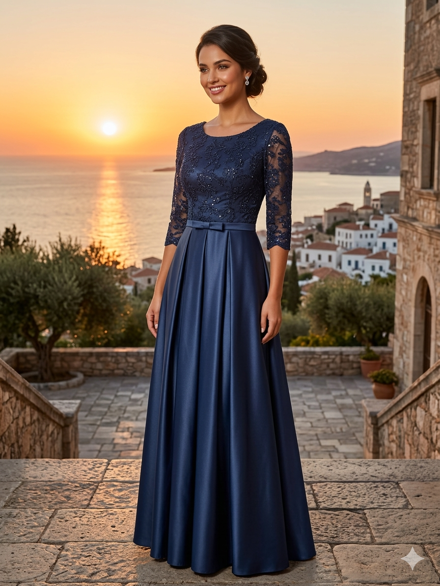 Vestido azul marino manga 3/4 falda satinada