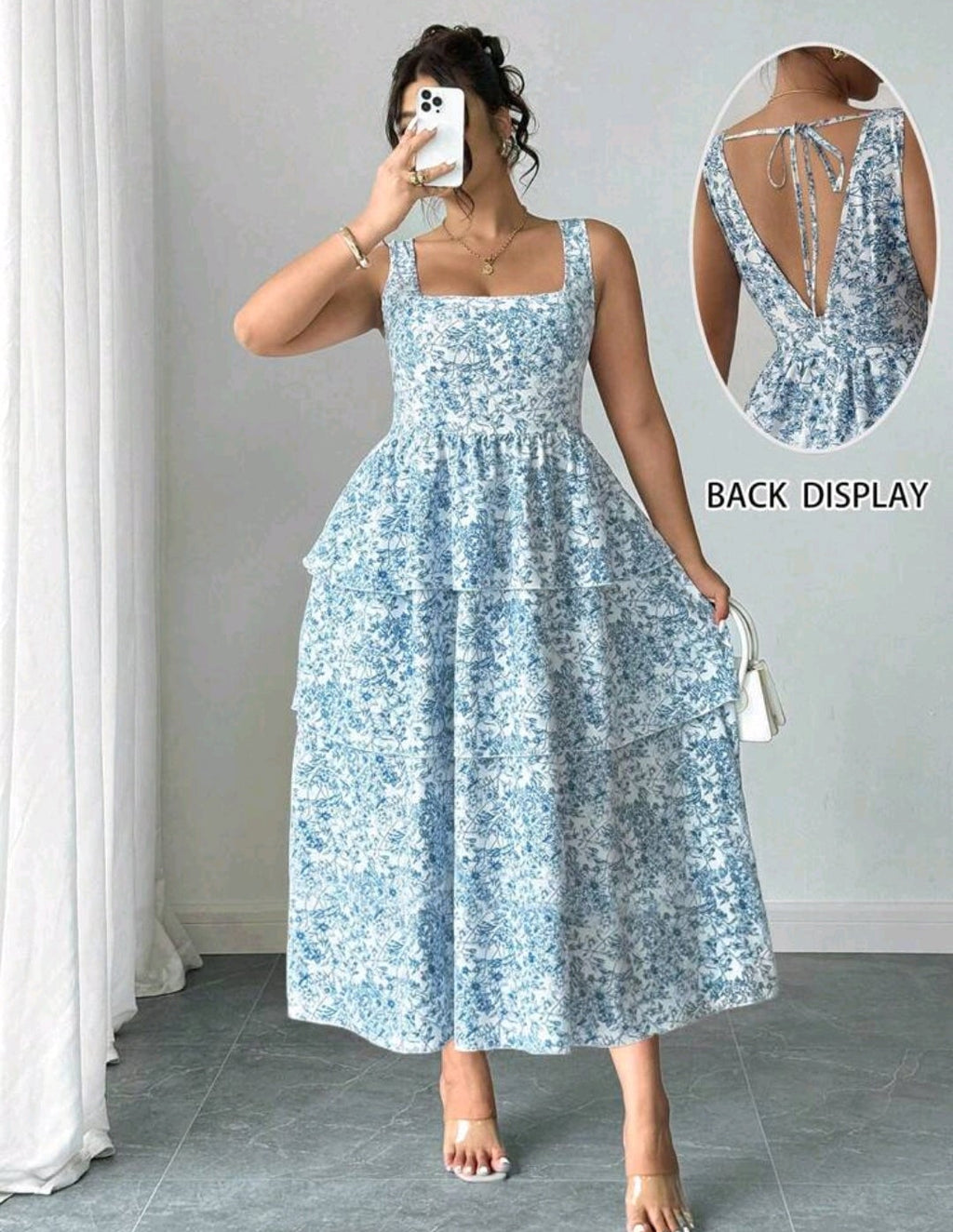 Vestido con flores celestes y largo en capas