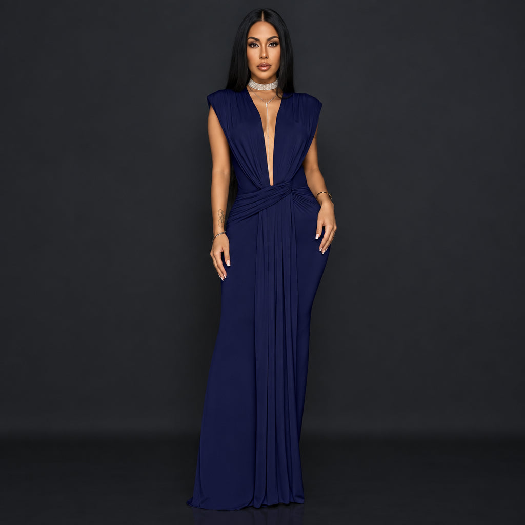 Vestido azul marino escote pronunciado pegado al cuerpo