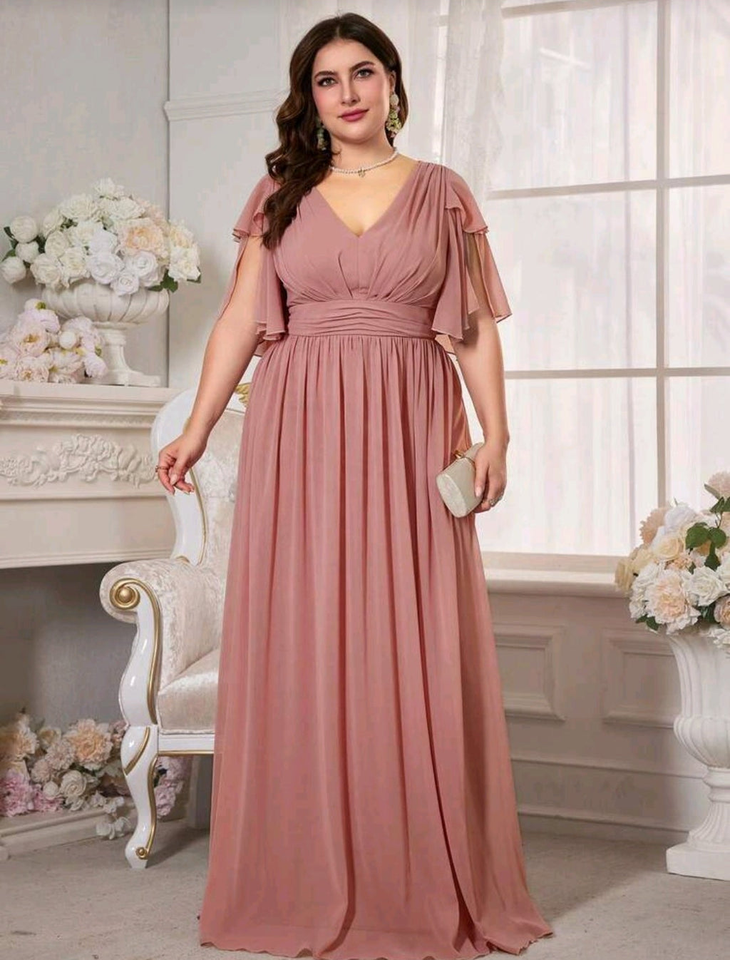 Vestido rosa canela manga corta cuello V