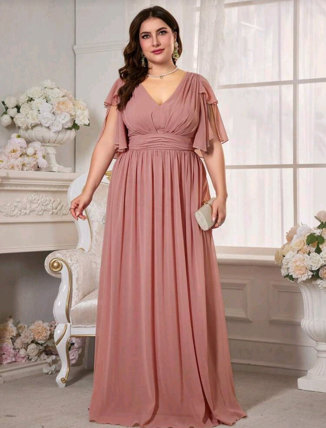 Vestido rosa canela manga corta cuello V