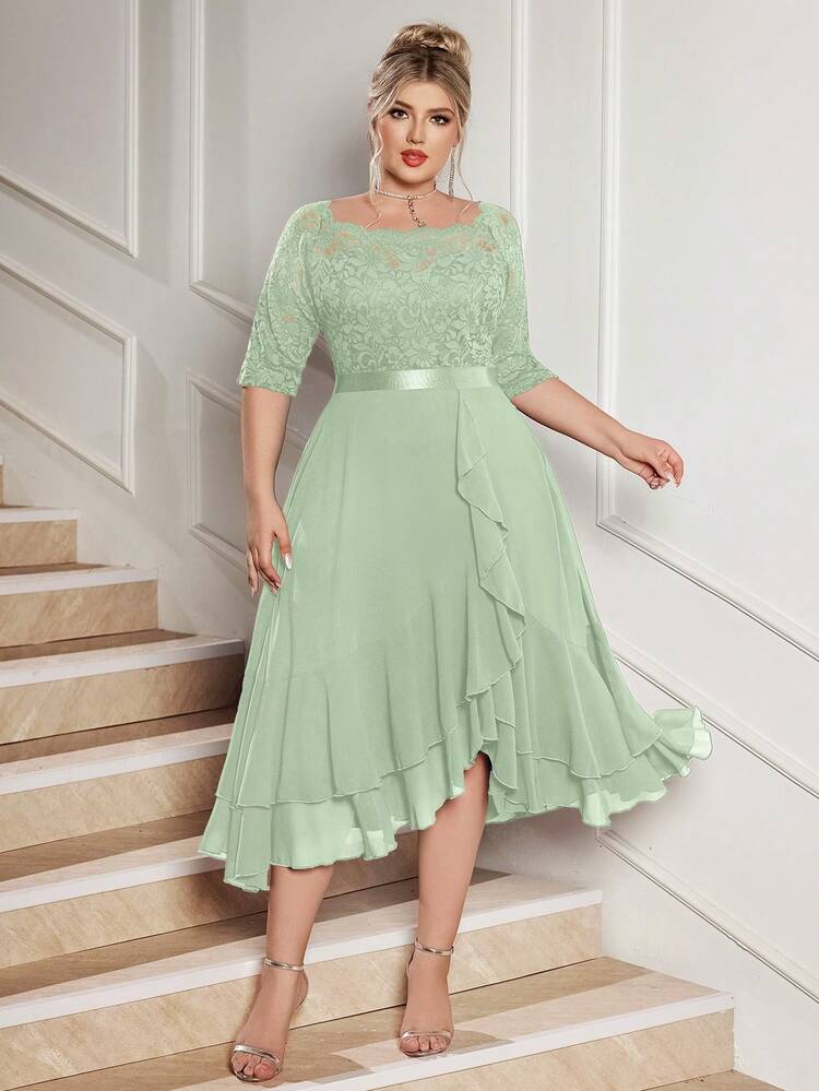 Vestido encaje y falda chiffon manga 3/4