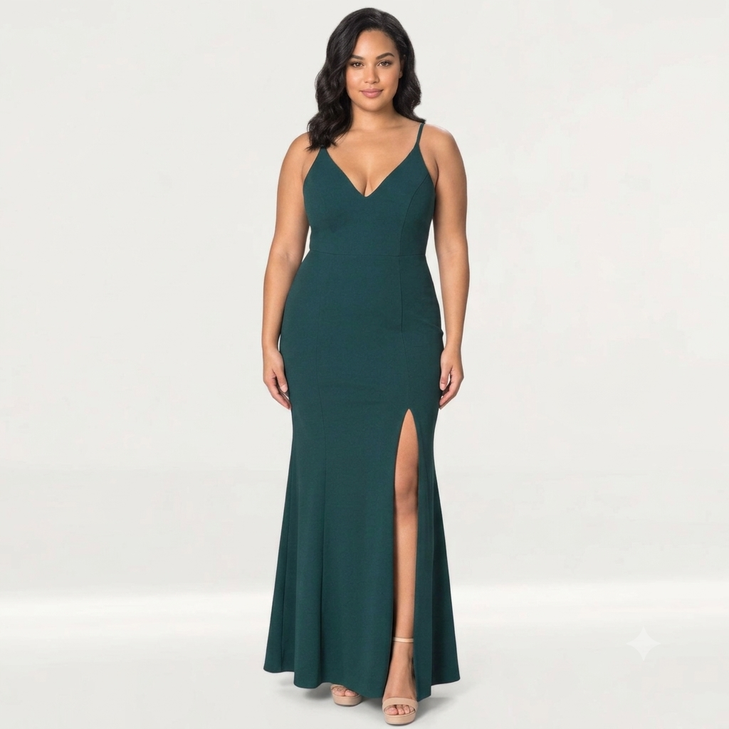 Vestido verde oscuro con escote en V pegado al cuerpo