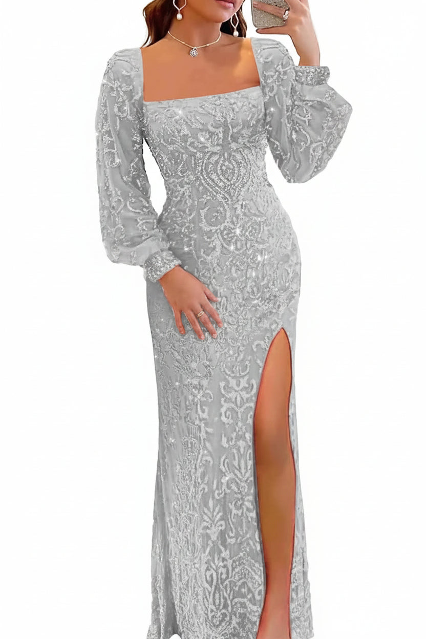 Vestido plateado lentejuelas manga larga