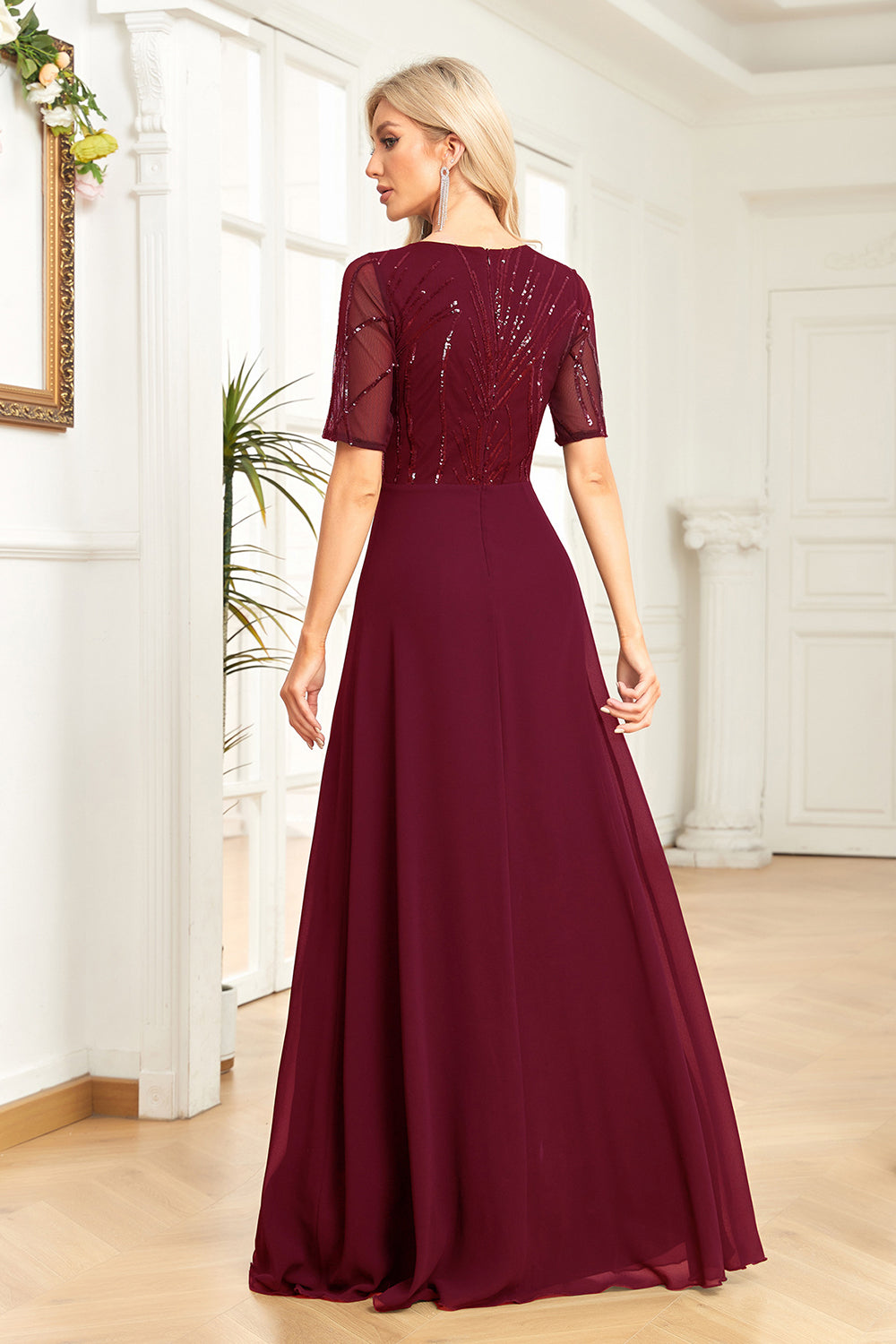 Vestido vino lentejuelas manga 3/4 falda chiffon